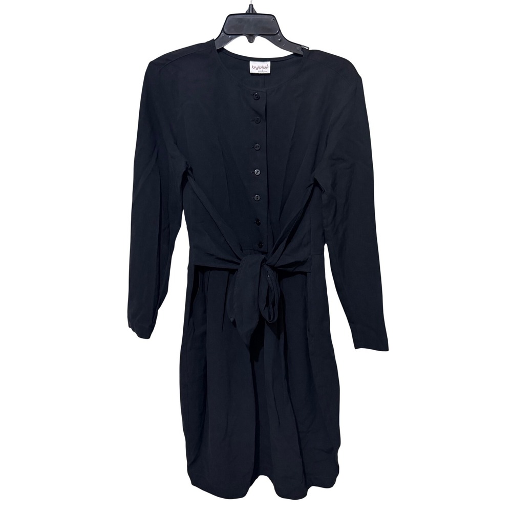 Byblos Made in Italy Black Long Sleeve Tie Waist Button Front Shirt Dress Sz 10